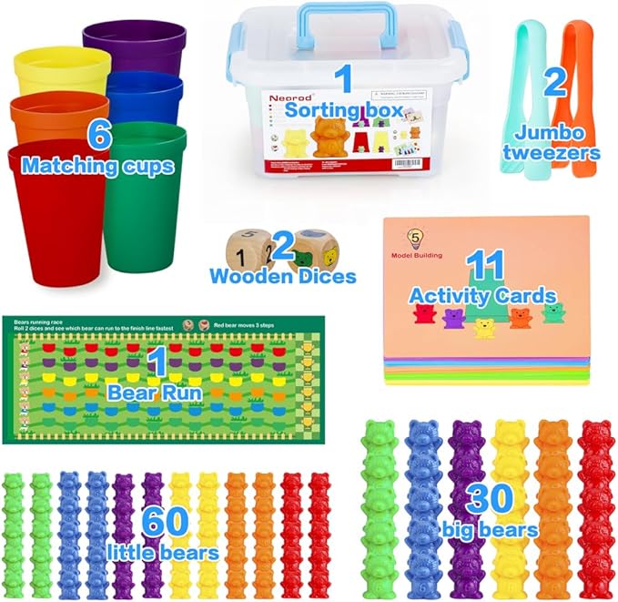 NEOROD Rainbow Counting Bears with Matching Sorting Cups, Number Color Recognition STEM Educational Toddler Preschool Math Manipulatives Toy Set of 90, 2 Tweezers, 2 Dices, 12 Cards, Container