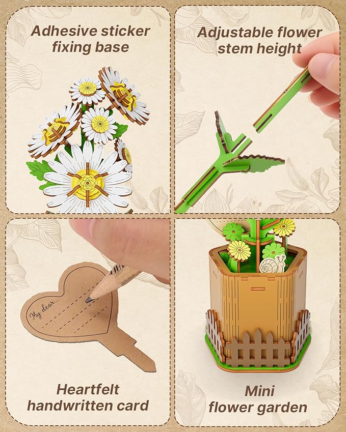 3D Daisy Wooden Puzzles for Adults, DIY Wooden Flower Craft Kit, Artificial Flowers Model Kit to Assemble for Adults.(3.1 * 2.6 * 7.4in 91PCS)