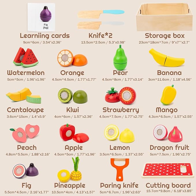 35PCS Wooden Play Food for Toddlers 1-3, Pretend Food Toys Play Kitchen Accessories with Storage Basket, Learning Cards, Cutting Food Fruits Toys Montessori Toys Gift for Kids Girls Boys Age 3 4 5 6