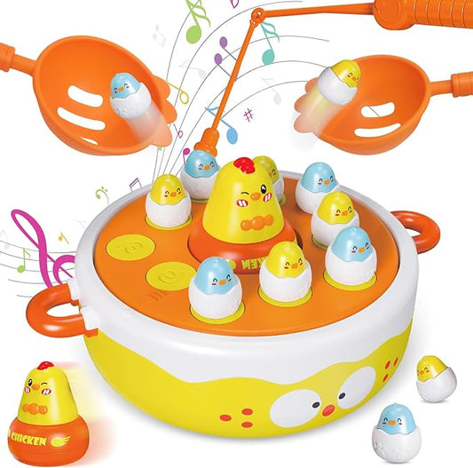 4 in 1 Toys for Ages 5-7, Bounce and Catch Chicken Games, Rotating Board Games for Kids 4-6, Fishing Game Magnetic,Toddler Toys Bowling, Family Games for Kids and Adults