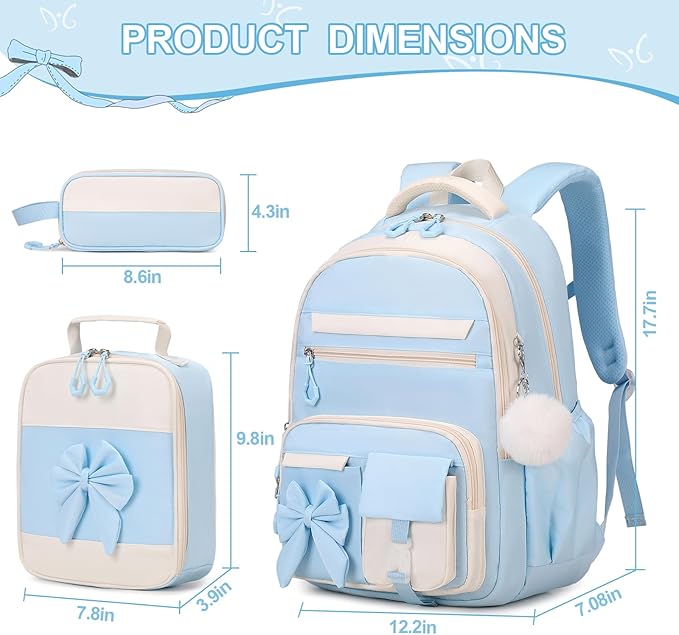 Backpack for Girls, 3PCS Girls Backpack for School with Lunch Bag Pencil Case, Cute Kids Teens Bookbag for Kindergarten Elementary Preschool Middle School (Blue)