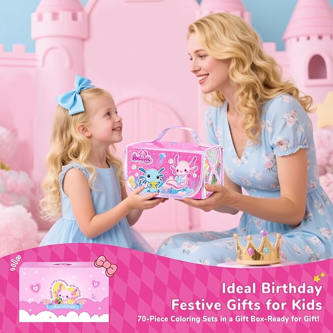 70PCS Axolotl Washable Markers Set with Glitter Pencil Case,Art Supplies for Kids Ages 4-6-8,Drawing Coloring Art Craft Kits for Girls with Marker,Glitter Pens,Crayon,Birthday Gifts Toys for Girls