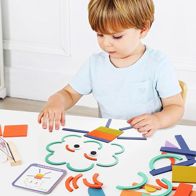 Wooden Shape Puzzles for Toddlers 3+ Years Old，Wooden Pattern Blocks Set Montessori Toys, Back to School, Preschool Education Activity STEM Gift for 3 4 5 Years Old Kids (100 PCS)