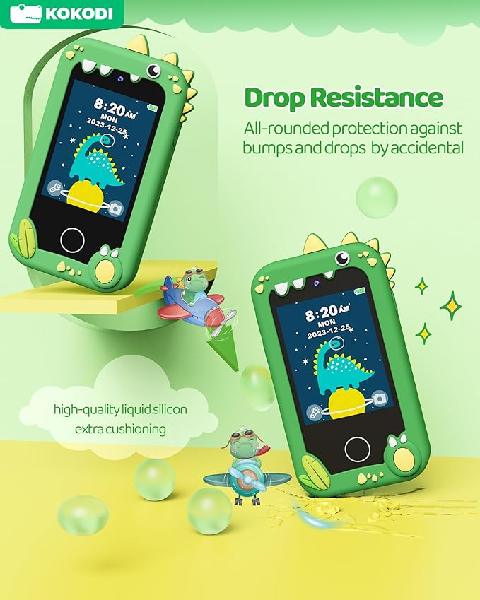 Kokodi Kids Smartphone Toy, Touchscreen HD Dual Camera Cell Phone for Kids, Dinosaur Toddler Play Phone for Boys 3-10, Learning Toy with 8GB SD Card (Green)