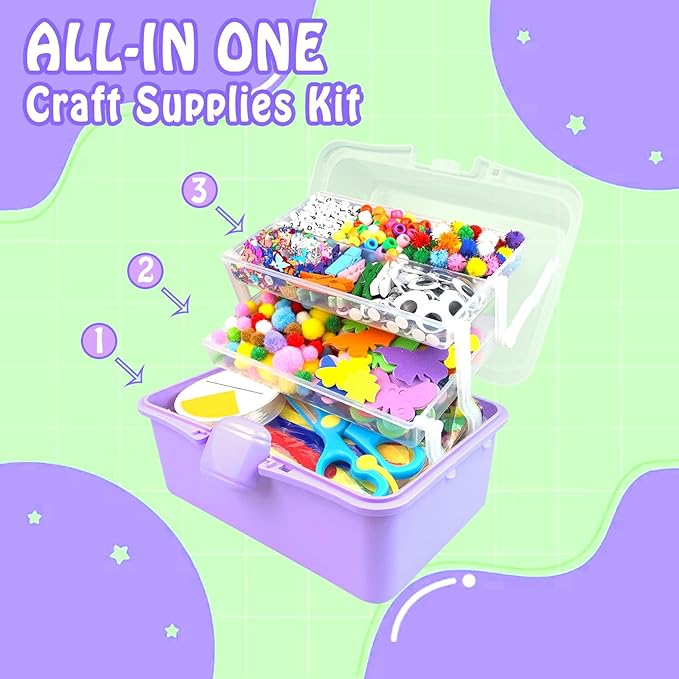 3000Pcs Arts and Crafts Supplies for Kids Craft Kits with Pipe Cleaners Crafting Supply All in 3 Layered Craft Box DIY Crafts for Kids Ages 4-8 8-12 Homeschool Supplies Toys Gifts for Girls & Boys