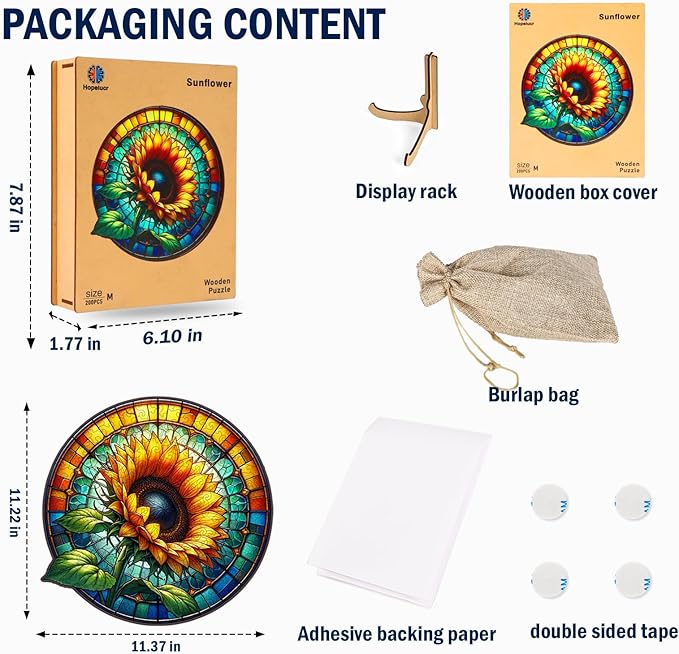 Wooden Puzzle for Adults, Stained Glass Sunflower Puzzle, Wooden Jigsaw Puzzles with Wooden Box, Unique Plant Shaped Wood Cut Puzzles, Family Games for Kids and Adults, 200 Pieces 11.37"x 11.22"