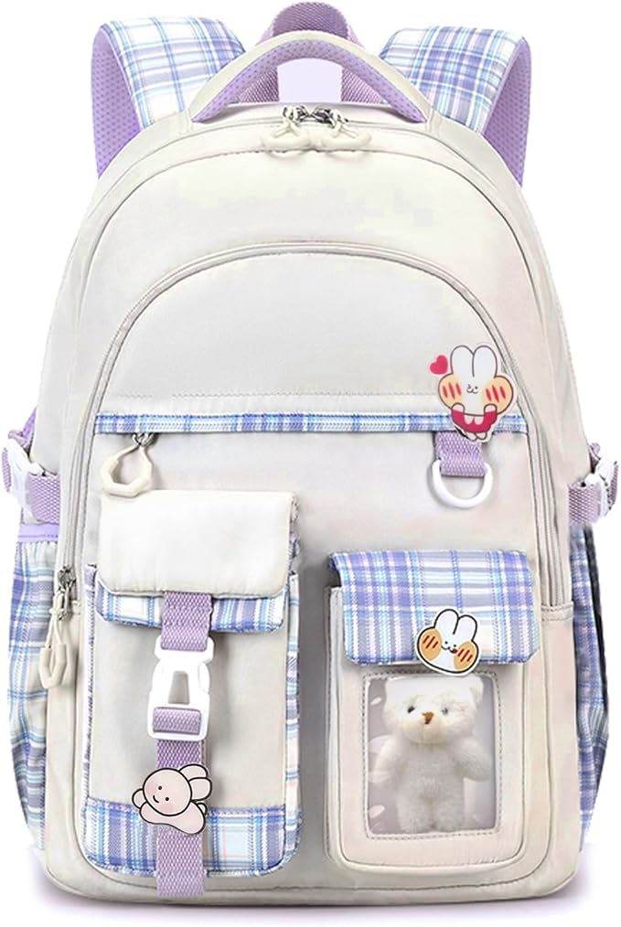 Girls Backpack，Cute School Backpack for Girls Kids Teens，Kawaii Bookbag for Primary Elementary，White