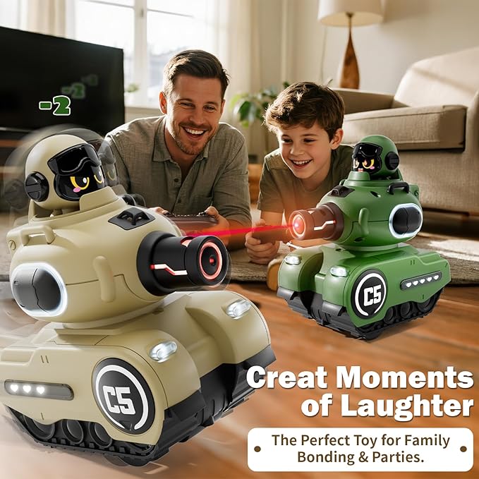 2 Pack Cute Cartoon Remote Control Battle Tanks with Laser tag|Hobby RC Cars Shoot to Ejected Out|Military Army Toys for 6 7 8 Year Old Boys Girls | Christmas Birthday Gifts for Toddler