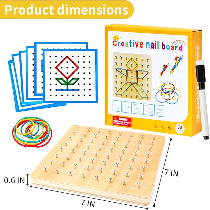 HEELWIRE Wooden Geoboard,Montessori Toy,Graphical Mathematical Education Toy for Kids with Pattern Cards and Rubber Bands to Figures and Shapes, Brain Teaser STEM Toy Geo Board (7 * 7 * 0.6 in)