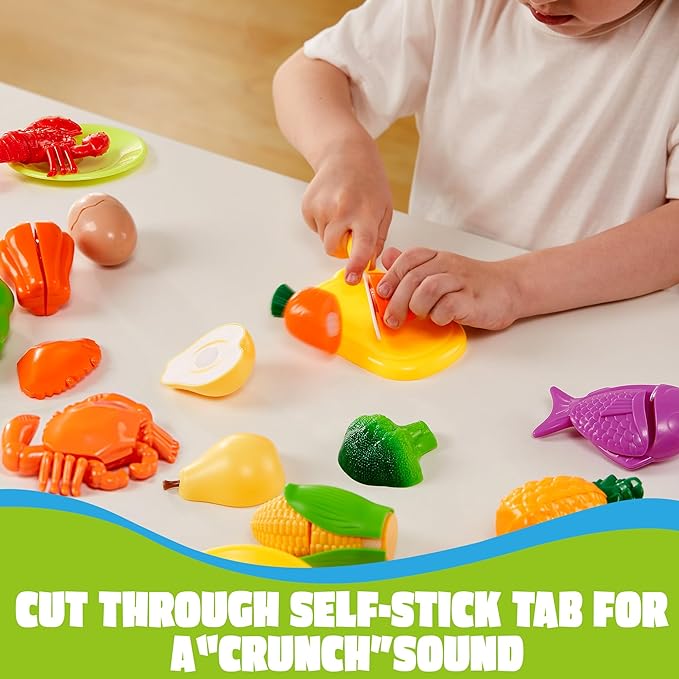 JOYIN Learning Toys Play Food Set for Toddlers, Cutting Food for Preschool Activities, Pretend Play Kitchen Accessories for Kids, Color Sorting Set for Boys & Girls, Daycare Educational Toy