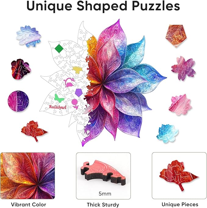 Ruikiyart Wooden Puzzles for Adults, 5MM 200 Pieces Colorful Flower Wooden Jigsaw Puzzles, Floral Unique Shaped Puzzle Gifts for Adults and Kids on Thanksgiving, Family Puzzle Games(12.2"*13.1")