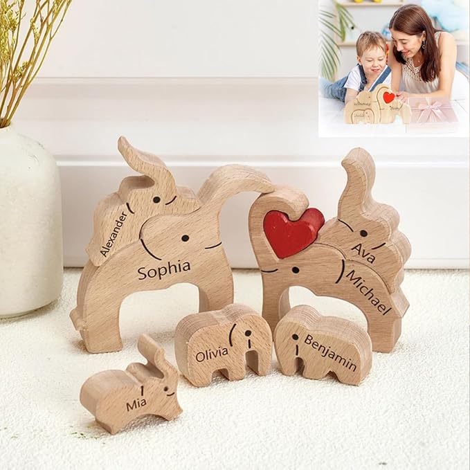 Custom Wooden Bears Family Puzzle with 2-8 Family Name - Family Decor for Mom Unique Wooden Decor Gift for Mom and Dad Mother's Day Father's Day Jigsaw Puzzles (Baby Elephant Puzzle)