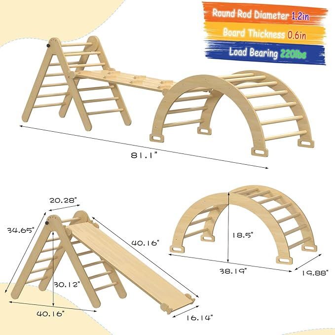 Large Pikler Triangle Set, 5 in 1 Foldable Baby Climbing Gym Indoor Montessori Climbing Set Wooden Toddler Climbing Toys with Arch, Ramp, Ladder