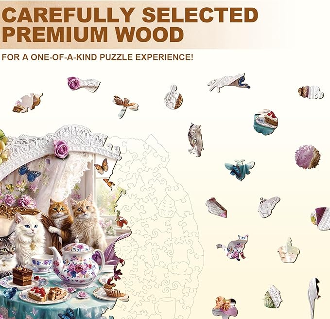 Jigfoxy Wooden Puzzles for Adults, Cat’s Tea Time Wood Puzzles Adult, Unique Animal Shape Wooden Jigsaw Puzzles for Adults, Birthday Gifts for Puzzle Lovers, Family, Friend (M-11.4 * 11.4in-195pcs)