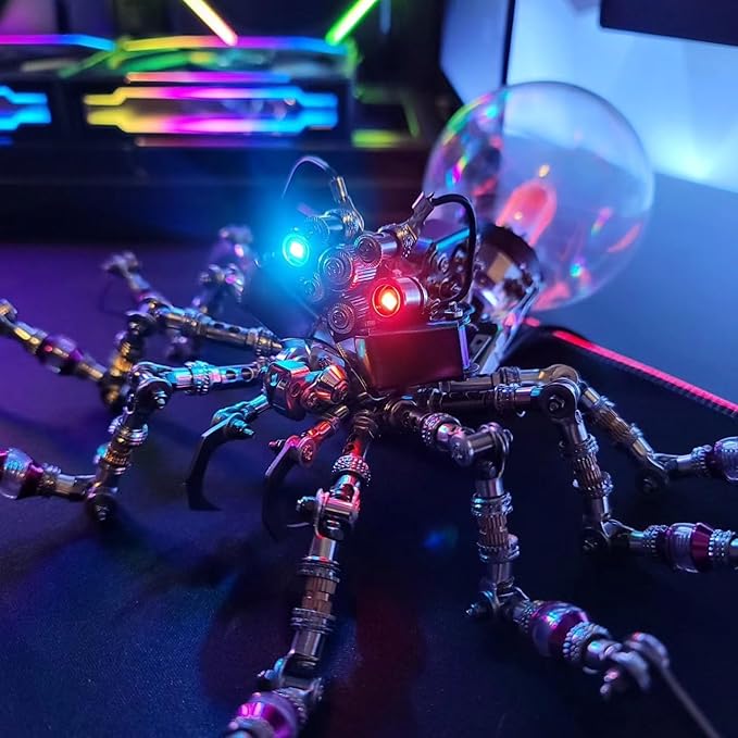Cyberpunk Metal Spider 3D Puzzle, DIY Sci-Fi Model with Color-Changing Eyes & Interactive Plasma Ball & Home Decor for Teens & Adults (14+), 650 Pieces, 1 Count