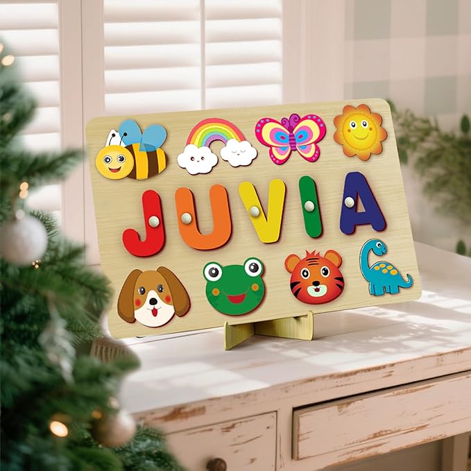 Custom Name Puzzles for Toddlers 1-3 - Name Puzzle for Kids, Personalized Wooden Animal Puzzle, Baby Gifts, Baby Shower, Christmas, Newbaby Gift, Gifts for 1 2 3 Years Old (Animal-Name -01)