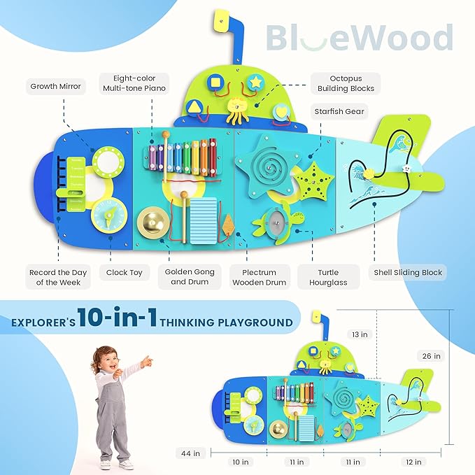 BlueWood Submarine Wall Busy Board Panels, Toddler Learning Activity Center, Montessori Philosophy Sensory, Educational Toys, Conducive to All-Round Development
