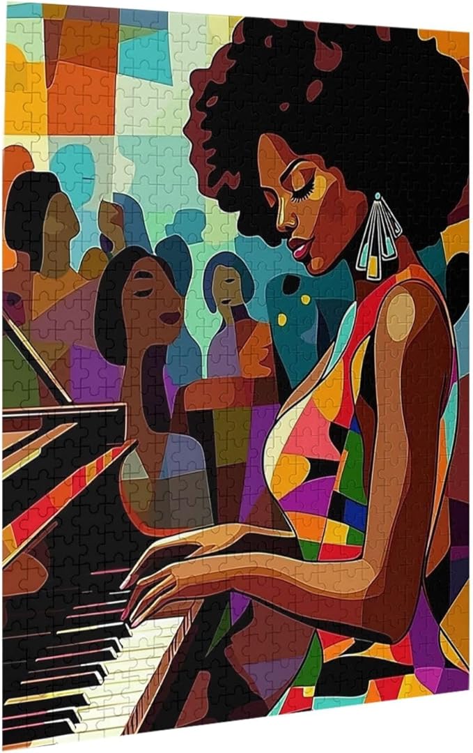 African Women Black Girl Jigsaw Puzzles 500 Pieces for Adults, African American Puzzles for Adults (Piano,Girl,Female) Pieces Musical Performance Frameable Magic Puzzle Art（Brown）