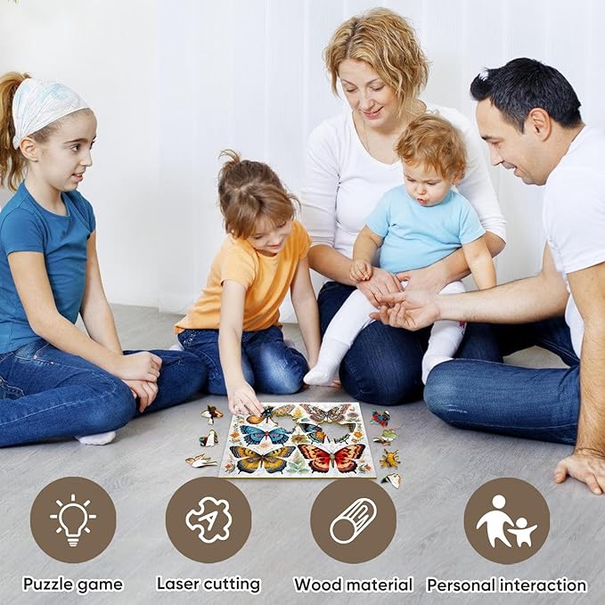 Wooden Puzzles for Adults, Colorful Butterfly 200 Pieces 5MM Thickness Unique Shaped Puzzles, Jigsaw Puzzles for Adults Toys Gift for Family Games (11.2 x 11.2 in)