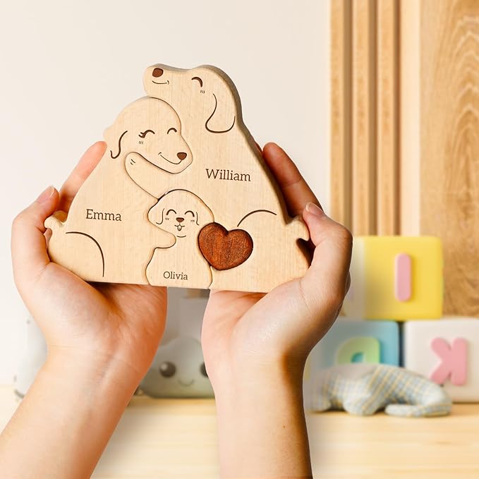 Family Dog Puzzle, Personalized Wooden Puzzles with 2-5 Family Members Names, Perfect Fathers Day Mothers Day Birthday Anniversary Wedding Gifts for Women Men