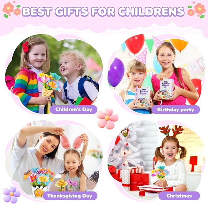 Fabric Flower Bouquets Toys - Flower Making Kit for Kids - DIY Flower Craft Kit, Gifts for 3 4 5 6 7 8 9 10 11 12 Year Old Girls, Preschool Learning Educational Activity Birthday Gifts Party Favors