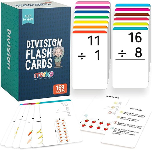 Merka 3rd Grade Division Flash Cards for Kids, Set of 169 Division Fraction Flash Cards, Classroom Use and Homeschool Supplies, Fraction Manipulatives