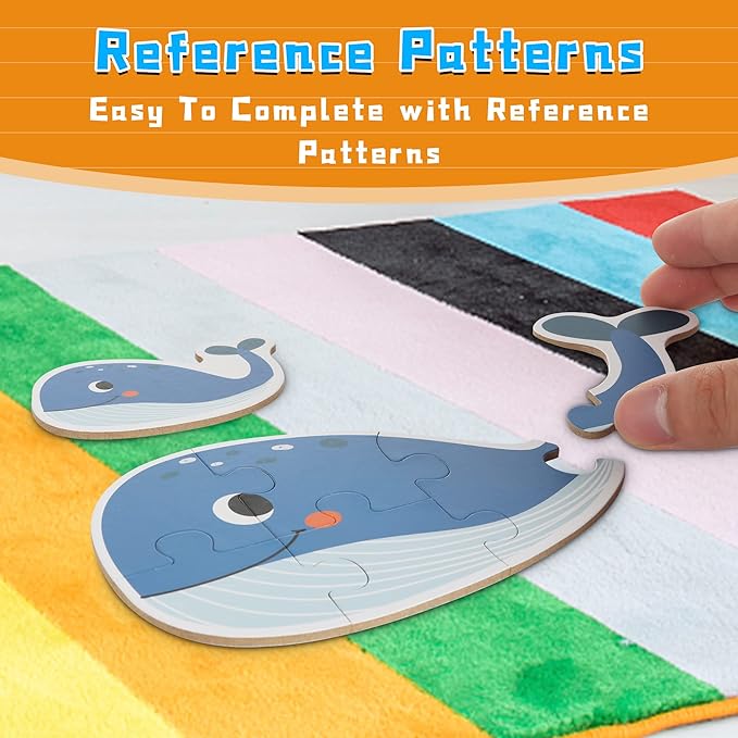 FLYINGSEEDS 6 Packs Marine Animals Shaped Wooden Jigsaw Puzzles, Beginner Puzzles for Toddlers, Montessori Learning Toys Preschool Educational Activity for Kids Ages 3 4 5 with Pattern Blocks