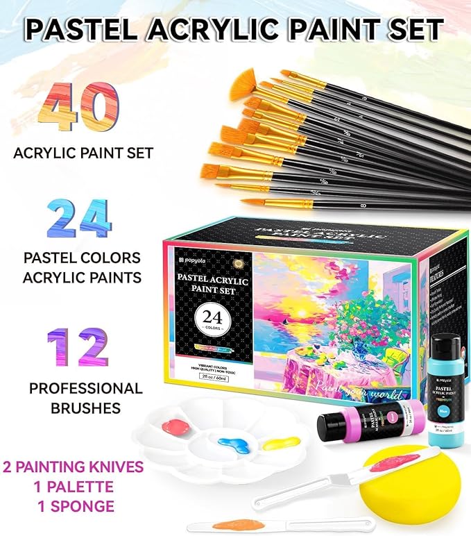 40 PCS Pastel Acrylic Paint Set with 12 Brushes, 2 Knives & Palette, 24 Colors (2oz/60ml) Art Craft Paint for Adults Kids Artists Beginners, Halloween Pumpkin Canvas Ceramic Rock Painting Kit
