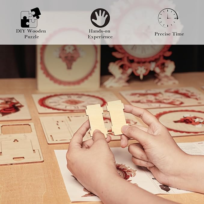 3D Puzzles for Adults Clock-Flame Flower Design Model Kit-Mechanical DIY Pendulum Clock with Roman Numerals-Desk Home Office Decor Personalized Gift for DIY Lovers