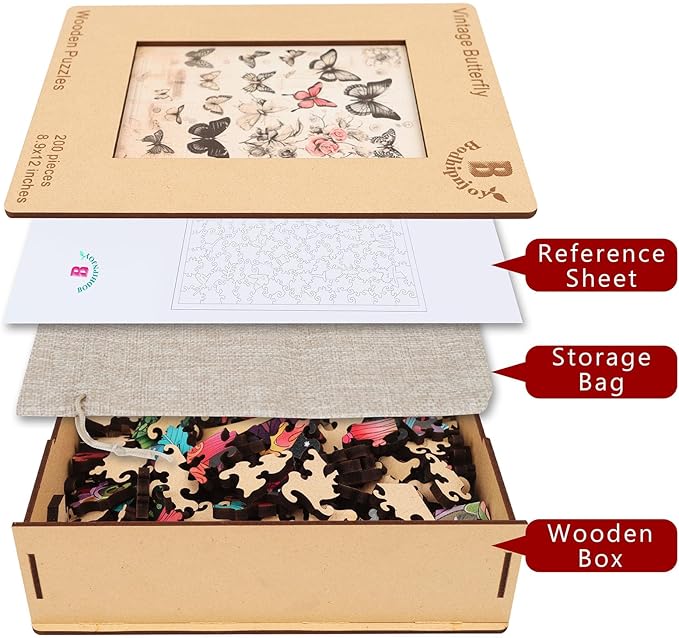 Wooden Puzzles for Adults, Butterfly Jigsaw Puzzles 5MM Thickness,200 Pieces Animal Unique Shape Puzzles with Wooden Box, Family Game Gift Fun Challenging Puzzle for Adults and Kids