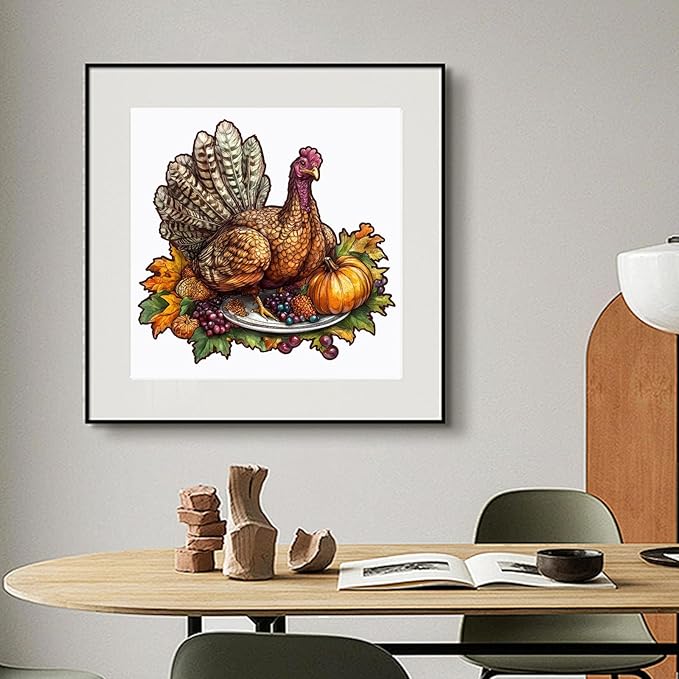 delobil Thanksgiving Wooden Puzzles for Adults, Autumn Table Turkey Jigsaw Puzzles 200Pcs, 11.2x10.7in, Medium Size, Unique Shape Adult Fall Puzzle, Thanksgiving Gift for Adults and Kids Family Game