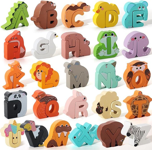 BESTAMTOY 52 Pieces Matching Game, Wooden Alphabet Animal Puzzles for Toddlers, ABC Peg Puzzles for Kids Ages 3-5, Preschool Learning Activities Toys