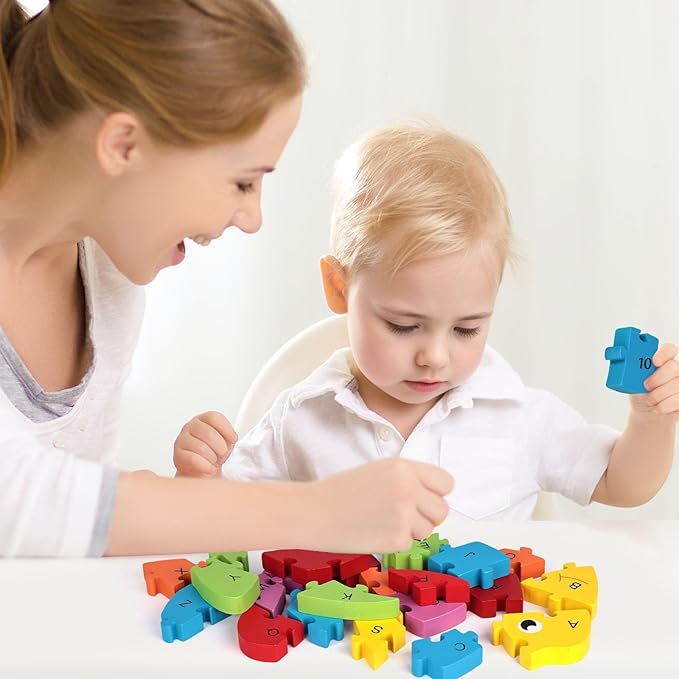 LovesTown Goldfish Wooden Puzzle for Kids, Alphabet and Number Jigsaw Puzzle Montessori Learning Blocks, Educational Preschool Toys for Toddlers, 26 PCS