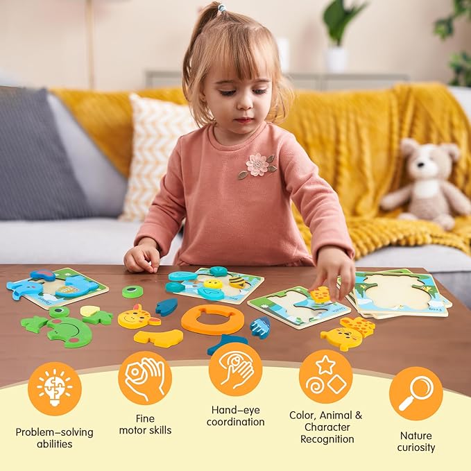 deli Wooden Toddler Puzzles, 6 Pcs Animals Puzzles for Toddler, Montessori Preschool Educational Learning Toys Make a Great Gifts for 1 2 3 4 5 Year Olds