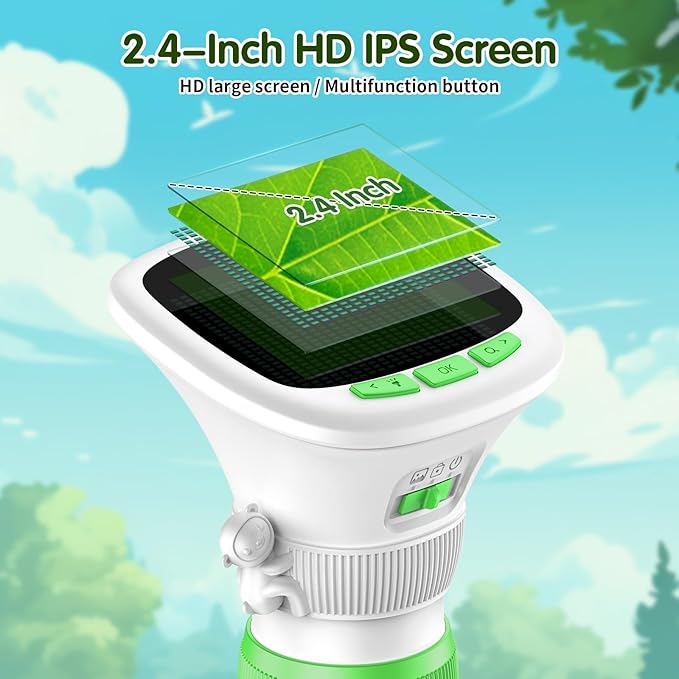 Microscope for Kids, EDCREATY 200X-1000X Portable Pocket Handheld Microscope, 2.4 High-Definition Screen, 200W Pixels for Birthday Christmas Holiday Toys Gifts for 5 6 7 8 9 10 11 12 Kids(White+Green)