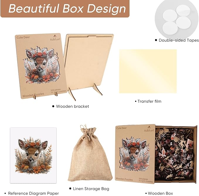 Ruikiyart Wooden Puzzles for Adults, 5MM 200 Pieces Cute Deer Wooden Jigsaw Puzzles, Animal Puzzle Unique Shape Pieces Gift for Kids and Adults on Birthday, Thanksgiving, Christmas (11.1"x11.2")