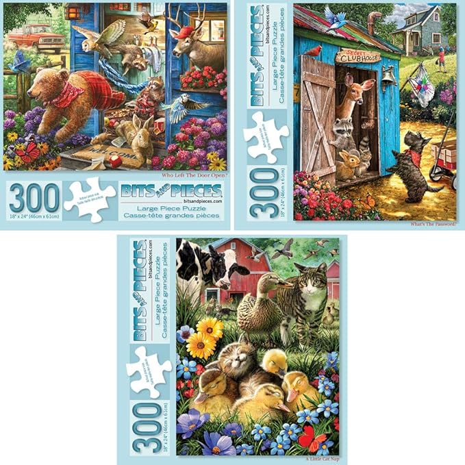 Bits and Pieces – Value Set of Three Large 300 Piece Jigsaw Puzzles for Adults – Jigsaw Puzzles Designed by Artist Larry Jones, Completed Puzzle Size: 18" x 24"