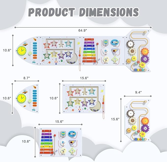 Montessori Busy Board - White Rocket Activity Wall Panels, Wall Toys for Toddlers 3+, Sensory Panels for Kids, Wooden Activity Cubes, Playroom Daycare Toys, Toddler Sensory Board (4PCS)
