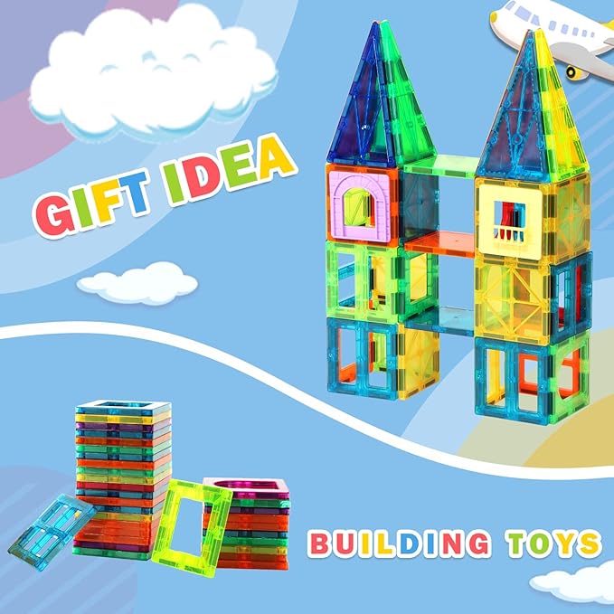 Magnetic Building Tiles for Kids,64 PCS Educational Magnetic Stacking Blocks for Boys Girls, Magnets Construction Toys,Stem Preschool Kindergarten Learning Toys