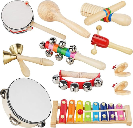 Hayder Baby Musical Instruments Set, 12 Pcs Wooden Montessori Musical Toys for Toddlers 3+ Years Old, Kids Percussion Instruments Toy