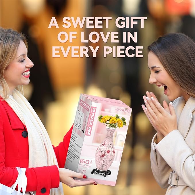 3D Puzzles Vase for Adults, Birthday Gifts for Women, 160 Pieces Plastic DIY Unique Flower Vase with LED Light, Crafts for Adults House Warming Gift for Flower Arrangements and Home Decor (Pink)