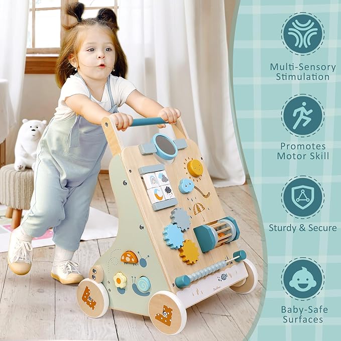 PairPear Wooden Baby Walker, Baby Push Walker, Montessori Walker Toy with Activity Center for Girls Boys, Adjustable Speed Baby Walker for Kids Development