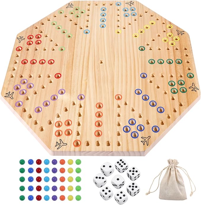 HOROW Wahoo Board Game Wooden Original Board Game Classic 2 Side Painted Fast Track Game for 6 Player and 8 Player with 32 Marbles,8 Dices for Family Game Night(8-Player,Log)