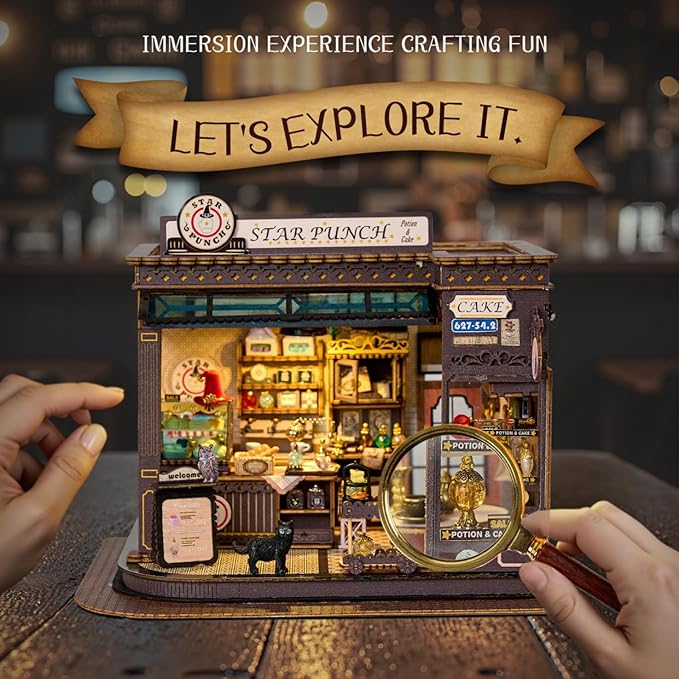 [2025 New] Coffee Shop Miniature House Kit with LED Light, Book Nook Kit with Cover for Birthday, 3D Wooden Bookends Puzzle Bookshelf Decor Building Kit Birthday Gifts for Family, Friends