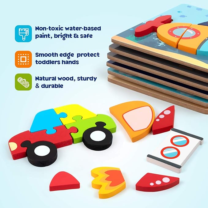 SYNARRY Wooden Vehicle Puzzles for 3 4 5 Years Old Boys Girls, Puzzles for Toddlers 3-5, Montessori Educational Toys Gifts with 6 Vehicles Transportation, Vibrant Color Shapes