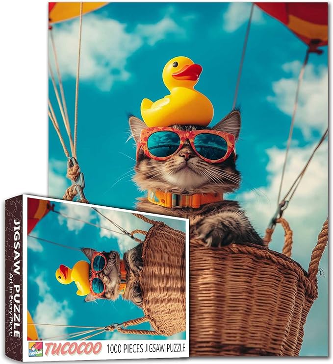 Cute Cat Wearing Colorful Lenses Jigsaw Puzzle 1000 Pieces for Adults, Skydiving in The Air Art Puzzles Colorful DIY Crafts Puzzles for Home Decor Gifts, Family Challenging Perfect for Game Nights