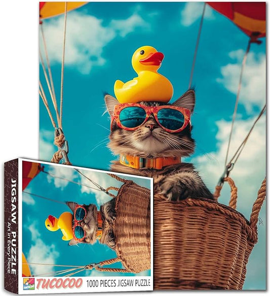 Cute Cat Wearing Colorful Lenses Jigsaw Puzzle 1000 Pieces for Adults, Skydiving in The Air Art Puzzles Colorful DIY Crafts Puzzles for Home Decor Gifts, Family Challenging Perfect for Game Nights