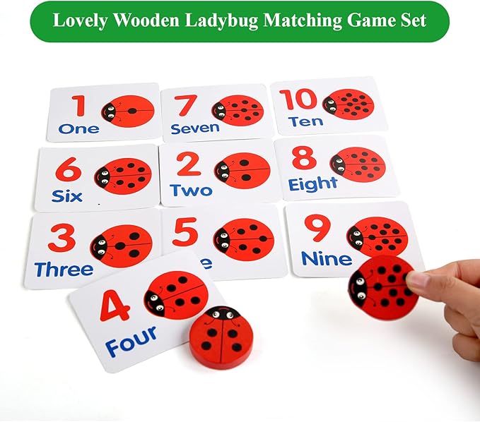 WODI Wooden Counting Ladybugs 0-10 Alphabets & Numbers Sorting Montessori Educational Toys for Toddlers Girls&Boys 3+ Learning to Count Cards Matching Painted Ladybug Toy