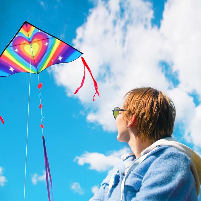 HONBO Large Delta Kite for Kids & Adults,Extremely Easy to Fly Kite for Beach Trip,String Line Included,with Colorful Tail,Perfect for Beginners