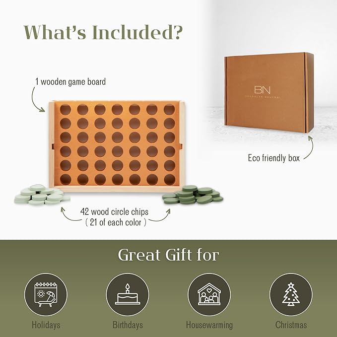 Neutral Wooden Four in a Row Game, Aesthetic Two Player Montessori Travel Board Game for Kids and Adults, Perfect Coffee Table Decor and Housewarming Gift